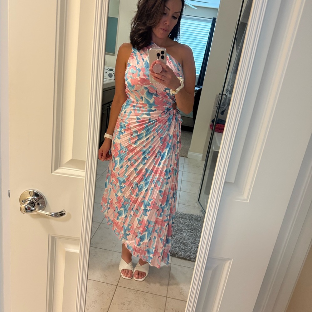 Source Unknown Pink & Blue Asymmetrical Pleated Wrap Dress